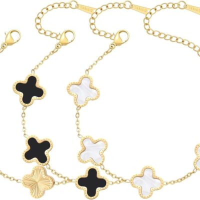 18K Gold Plated Bracelet Gold/White/Black Clover Bracelet Set for Women Four Leaf Lucky Bracelets Jewelry Gifts for Women Clothing, Shoes & Jewelry